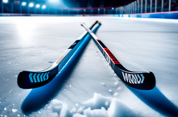 Crossed hockey sticks lying on the ice before the match, abstract sports background - obrazy, fototapety, plakaty