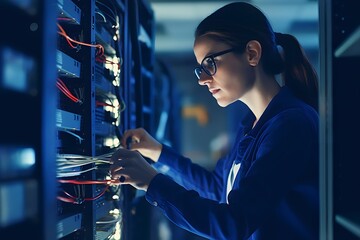 caucasian female IT technician checking equipment in network server room