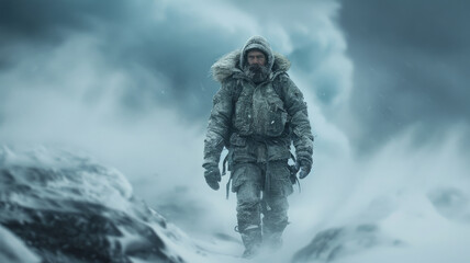 Naklejka premium Man climber walks during storm in winter, bearded hiker in mountain on snow background, dramatic view. Concept of cold, blizzard, sport, climbing, frozen people, nature and frost