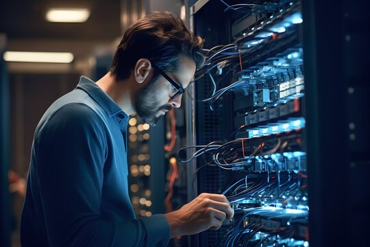 Caucasian male IT technician checking equipment in network server room