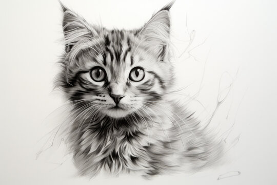 Pencil drawing cute kitten on paper sheet, photorealistic portrait of cat, illustration. Painted animal face on white background. Concept of design, art, pet table, nature, sketch