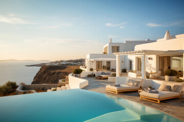 Fototapeta premium Luxury resort hotel with pool and white house by sea at sunset in summer. Rich mansion with terrace near beach in Greek style. Concept of villa, property, Greece and travel