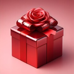 A gift with a red ribbon and a red Rose Happy Valentine's Day Generative Ai