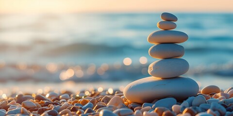 Stack of zen stones on the beach at sunset. Zen concept
