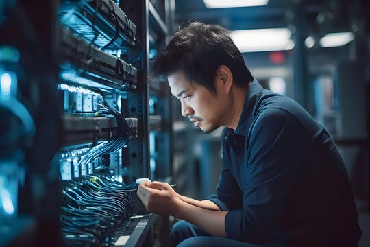 Asian male IT technician checking equipment in network server room