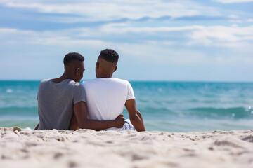 black gay couple sitting together at beach