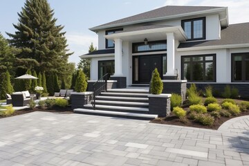 Sophisticated exterior design showcases elegant precast paver landing, steps, and driveway with a consistent pattern. Generative AI