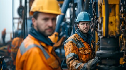 Portrait of two workers in yellow hardhats and helmets working in oilfield