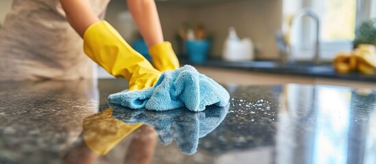 Woman cleaning a kitchen counter stain.