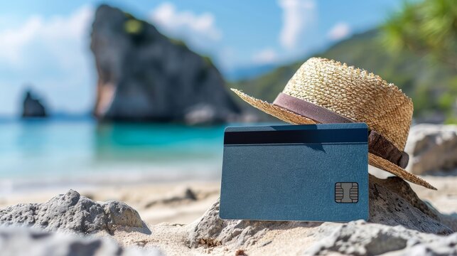 Travel concept. Credit card with hat on landscape background