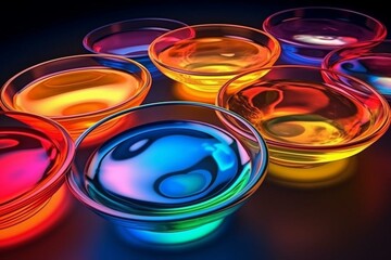 Illustration of laboratory glass dishes with vivid liquid for experiments of advanced versatile colorful technology. Generative AI
