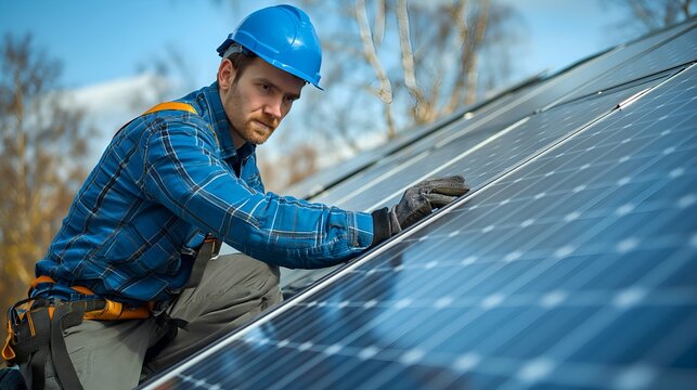Male worker installing solar panels on the roof of a modern house.