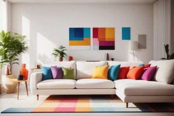 Pop art interior home design of modern living room with white sofa and colorful pillows with art poster frame