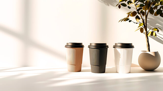 Three recycled cups for coffee on white background. Space for text