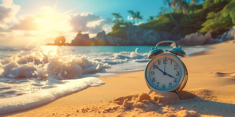 Alarm clock on the beach at sunset. Time to travel concept. - obrazy, fototapety, plakaty