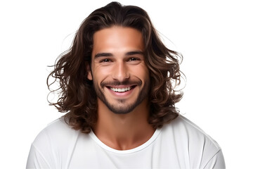 a closeup photo portrait of a handsome latino man smiling with clean teeth. for a dental ad. guy with long stylish hair and beard with strong jawline. isolated on white background. - obrazy, fototapety, plakaty