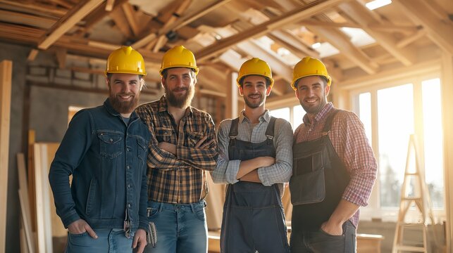 Portrait of a group of builders in hardhats standing with arms crossed in a new house