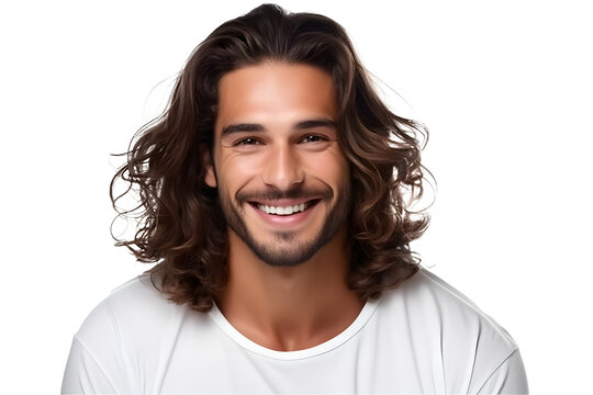 a closeup photo portrait of a handsome latino man smiling with clean teeth. for a dental ad. guy with long stylish hair and beard with strong jawline. isolated on white background.
