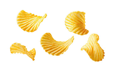 Potato chips fried falling in the air isolated on transparent background, snack time, junk food and high calories concept, crispy snack pieces.