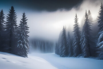 winter forest in the fog. 