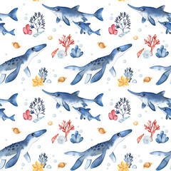 Cute dino world collection. Watercolor seamless texture with corals, shells and cute dinosaurs.Perfect for baby shower,patterns,nursery decorations,invitations,party.	