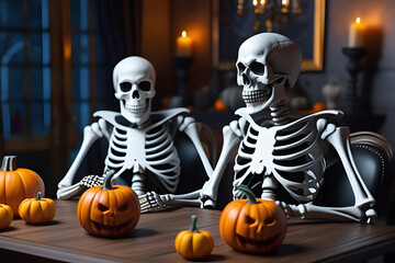 Fototapeta premium halloween pumpkin and skull. 