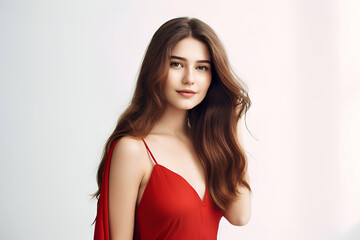 Fototapeta premium Confident woman in red dress exudes natural beauty. Smiling, flowing hair in medium shot. Perfect for beauty stock photography.