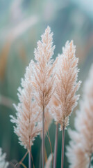 Golden pampas grass in the sky, abstract natural background of soft Cortaderia selloana plants moving in the wind. Minimal, stylish, trend concept.