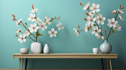 Calm home decor with white flowers in ceramic, white vases on a wooden table and blue background.