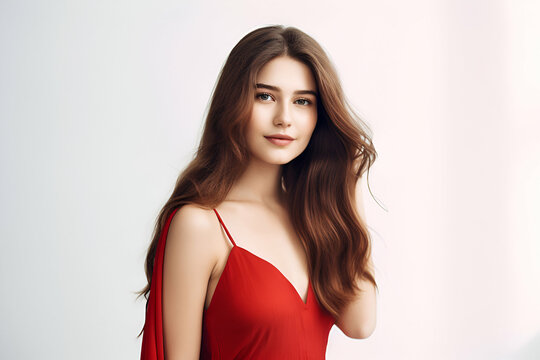 Confident woman in red dress exudes natural beauty. Smiling, flowing hair in medium shot. Perfect for beauty stock photography.