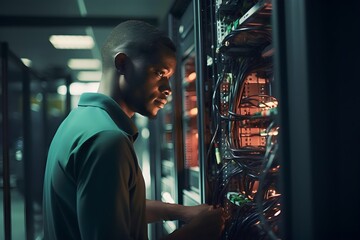 Fototapeta na wymiar African male IT technician checking equipment in network server room