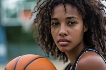 Fototapeten Energetic women's basketball action unfolds with fierce intensity on the court, showcasing skilled players, powerful teamwork, and the competitive spirit © NS