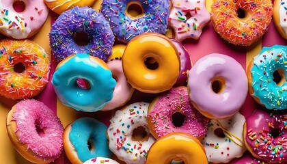 Happy colorful icing sugar donuts background 