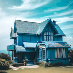 Against blue sky and sunlight. Modern eco friendly passive house. Lakeside House