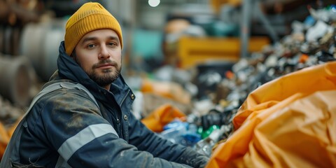 Obraz premium Portrait of a young man in an orange jacket and hat standing in front of a garbage truck.