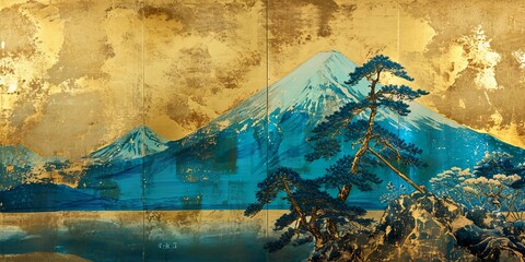 富士山の金屏風の背景素材02