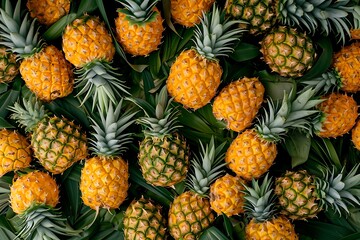 Fototapeta premium Summer pineapple background or pattern top view, juicy yellow exotic fruit