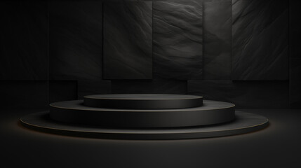 3D realistic luxury style golden podium, Black podium product stage with spotlight and golden glitter background, black podium or pedestal display on dark background, generative Ai
