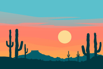Sunset in the Wild West. Beautiful desert landscape with sandstones and silhouettes of cacti. Panorama of the desert. Vector illustration for design, poster, banner, card or print.