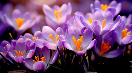 Spring Crocus Flowers. Beautiful Purple Crocuses Close Up on a Sunny Day