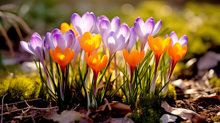 Spring Crocus Flowers. Beautiful Purple Crocuses Close Up on a Sunny Day