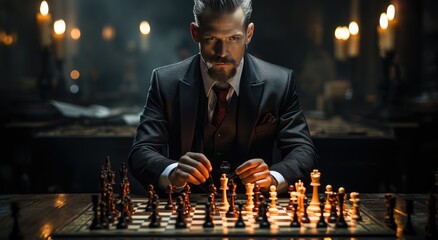 In a dimly lit room, a sharply dressed man contemplates his next move as the flickering candle casts shadows across the chessboard, his clothing a stark contrast to the intricately carved chess piece - obrazy, fototapety, plakaty