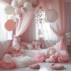pink girlish bedroom with curtains and balloons 