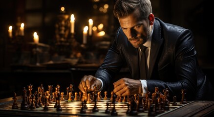 A solitary man, dressed in somber clothing, contemplates his next move in a tense game of chess, illuminated only by the flickering flame of a single candle, in the dimly lit confines of a dark room