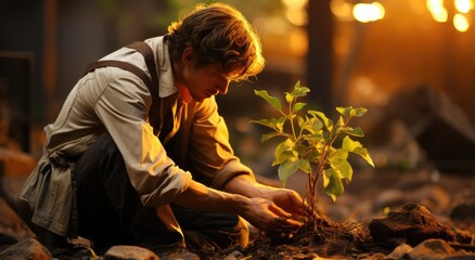 Fototapeta premium A person humbly kneels before a vibrant plant, their earth-toned clothing blending seamlessly with the surrounding ground, creating a peaceful and harmonious outdoor scene