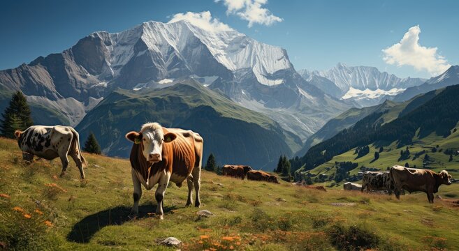 A lone bovine majestically surveys the vast highland landscape, surrounded by a serene backdrop of towering mountains and billowing clouds, evoking a sense of peacefulness and harmony with nature