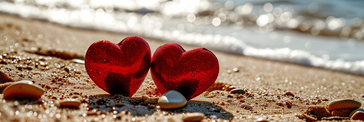 Two Hearts on a Sandy Beach Near the Ocean