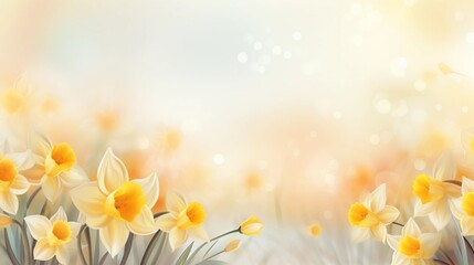 copy space, vector illustration, beautiful background with daffodils evocing spring. Floral background with daffodils, spring time theme. Beautiful background for napkins. Yellow flowers in soft color