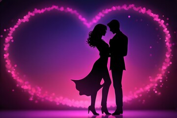 Fototapeta na wymiar Romantic loving couple shadow illustration with neon wave bokeh background, valentine day concepts