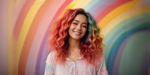 Fototapeta na wymiar Cheerful woman with long wavy rainbow hair and freckles on copy space, wears a stylish apparel, has pleasant smile, faces front, feels optimistic, isolated over rainbow pastel background